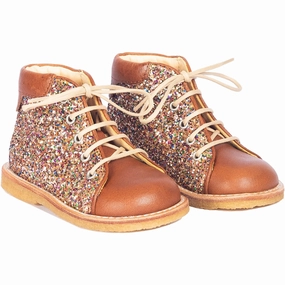Angulus Cognac/Multi Glitter Classic Beginner Lace Shoes w. Glitter Beginner Shoes With Laces Kids deal