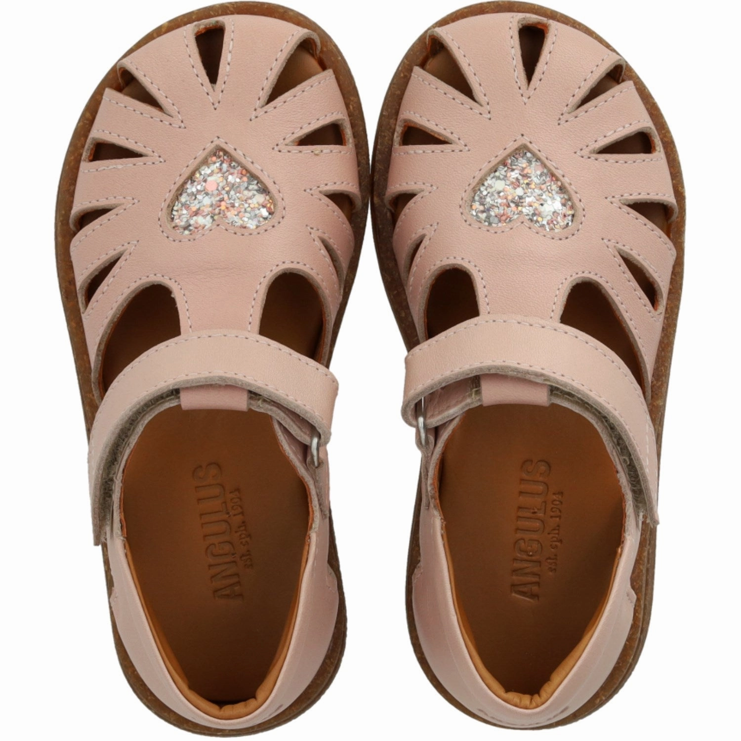 Angulus Rosebud/Rosebud Glitter Leather Heart Sandal with Sparkling Glitter Heart