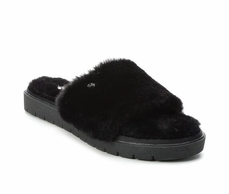 Anne Klein Sillie Slippers Women's US 6 Black Faux Fur Open Toe Slide KHD298 Womens Slippers at low price