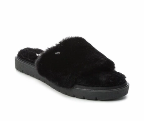 Anne Klein Sillie Slippers Women's US 6 Black Faux Fur Open Toe Slide KHD298 Womens Slippers at low price