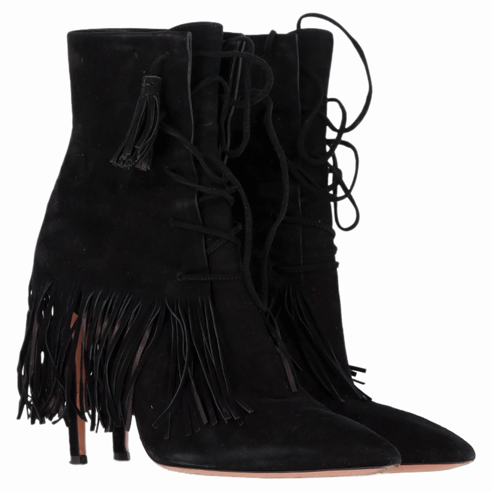 Aquazzura Mustang 105 Fringe Heeled Ankle Boots in Black Suede