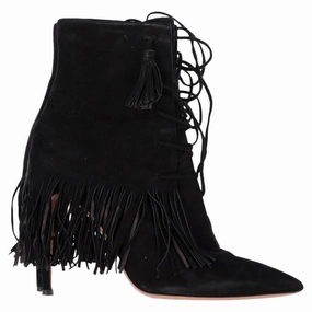 Aquazzura Mustang 105 Fringe Heeled Ankle Boots in Black Suede Womens Casual Boots clearance