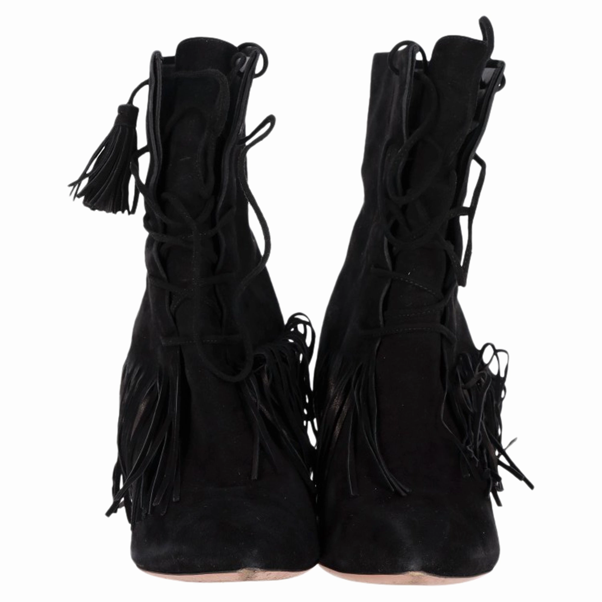 Aquazzura Mustang 105 Fringe Heeled Ankle Boots in Black Suede