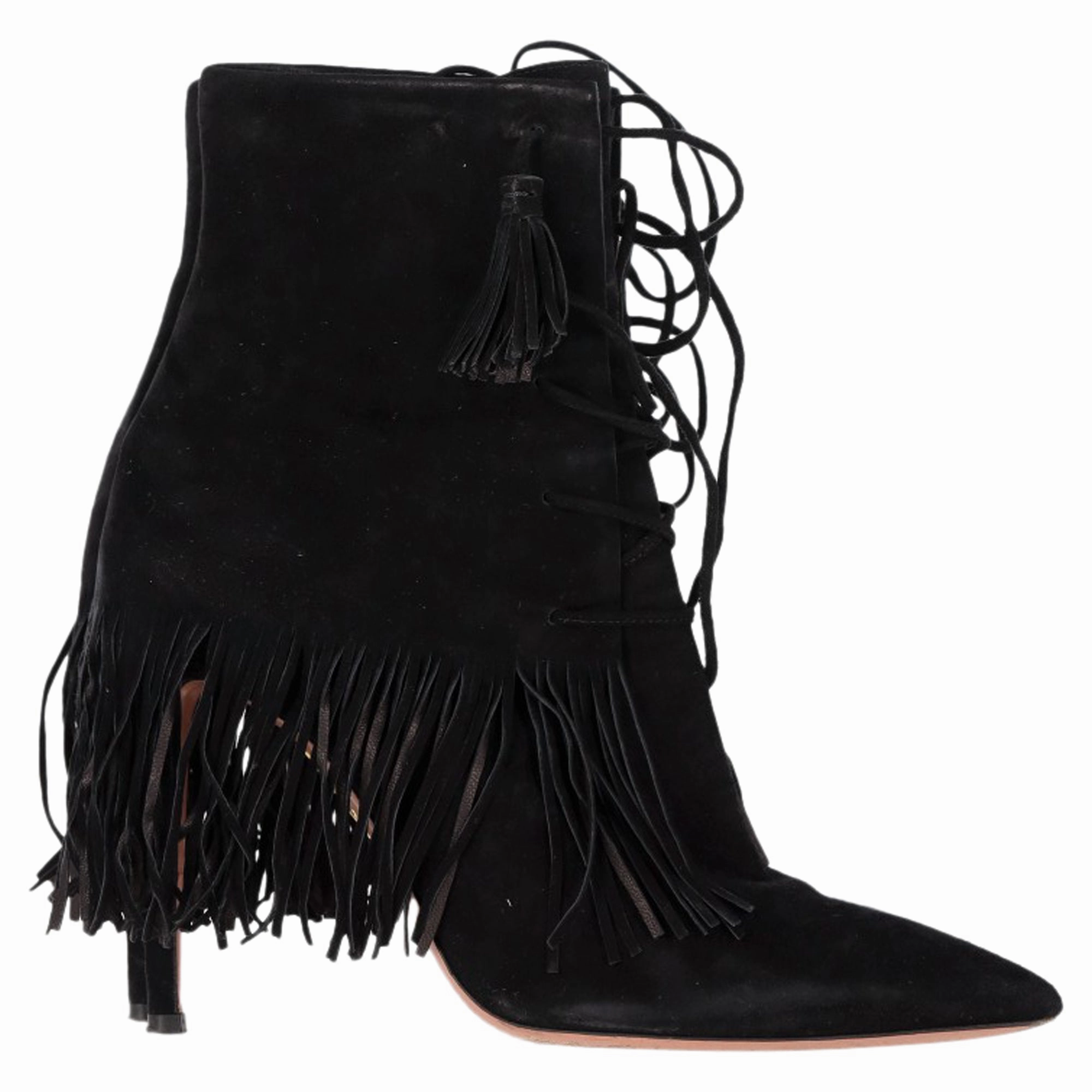 Aquazzura Mustang 105 Fringe Heeled Ankle Boots in Black Suede Womens Casual Boots clearance