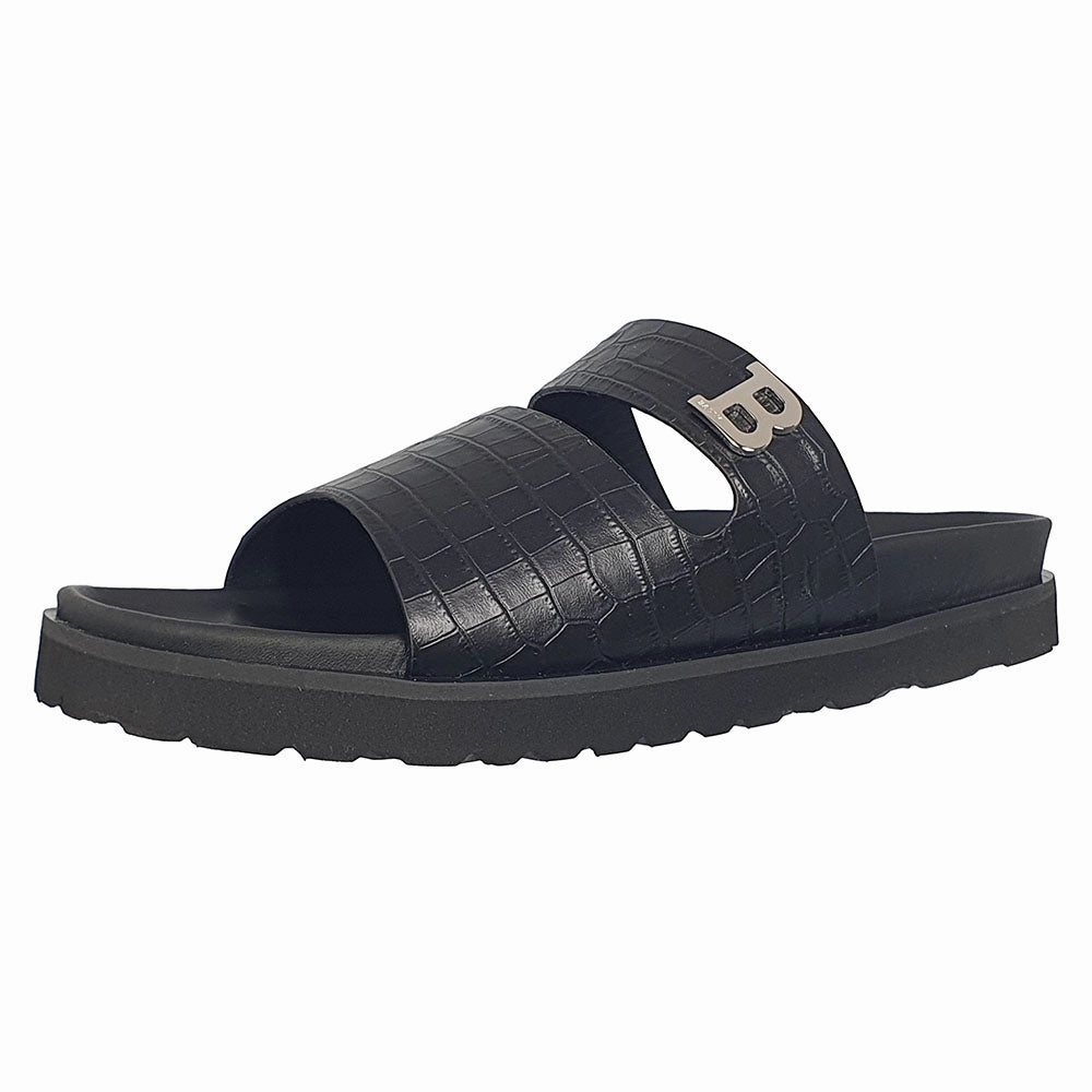 Bally Syxten 6302328 Men's Black Embossed Calf Leather Sandals Discount Mens Beach Sandals
