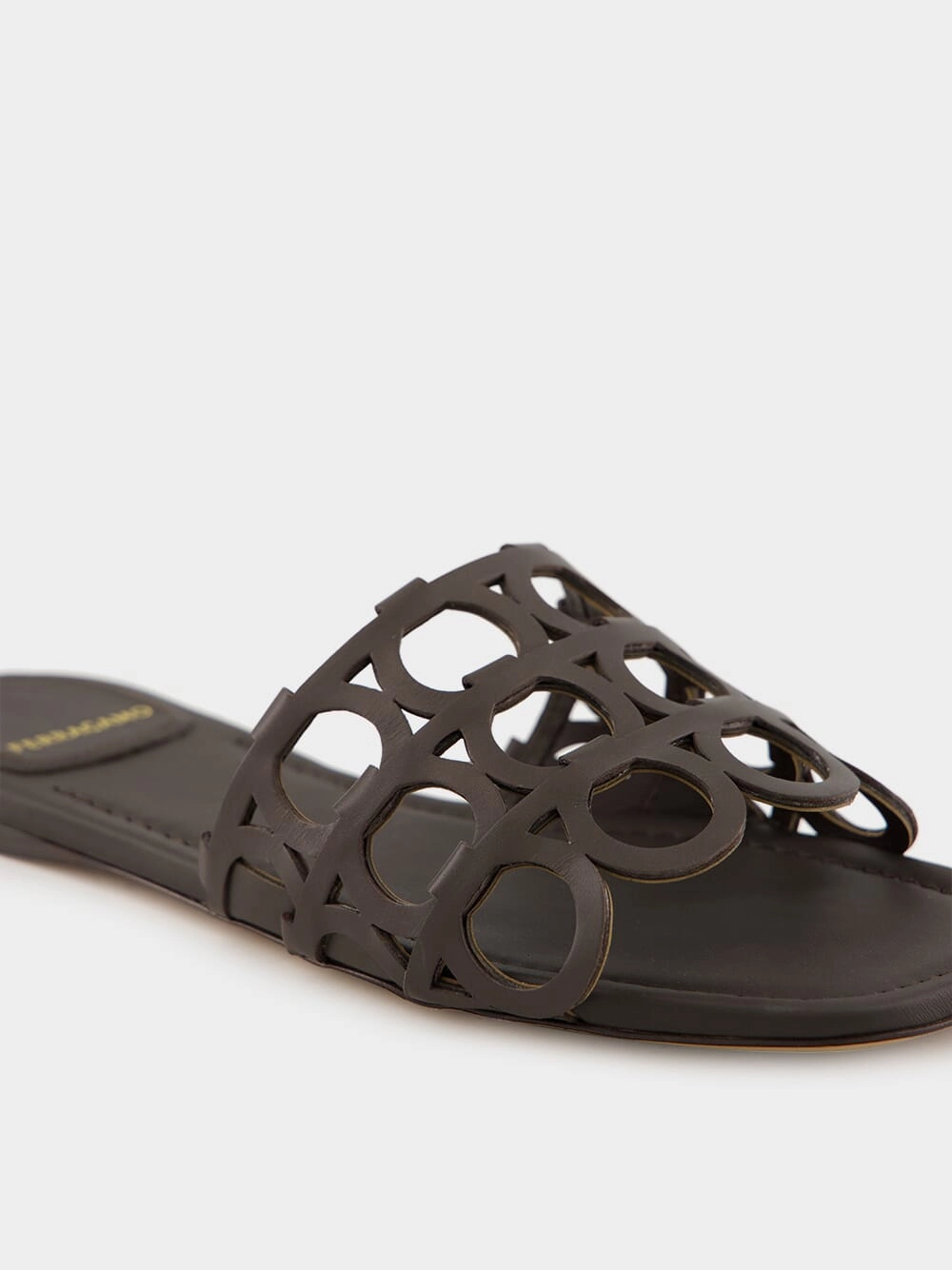 Brown Gancini Chain Leather Slides