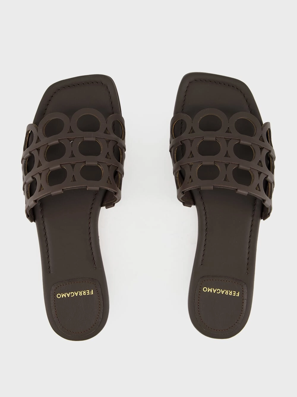 Brown Gancini Chain Leather Slides