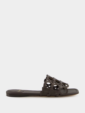 Brown Gancini Chain Leather Slides Womens Sandals mega clearance