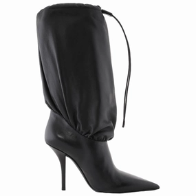 Burberry Ladies Pointed Leather Drawcord Boots In Black Discount Stylish Womens Boots