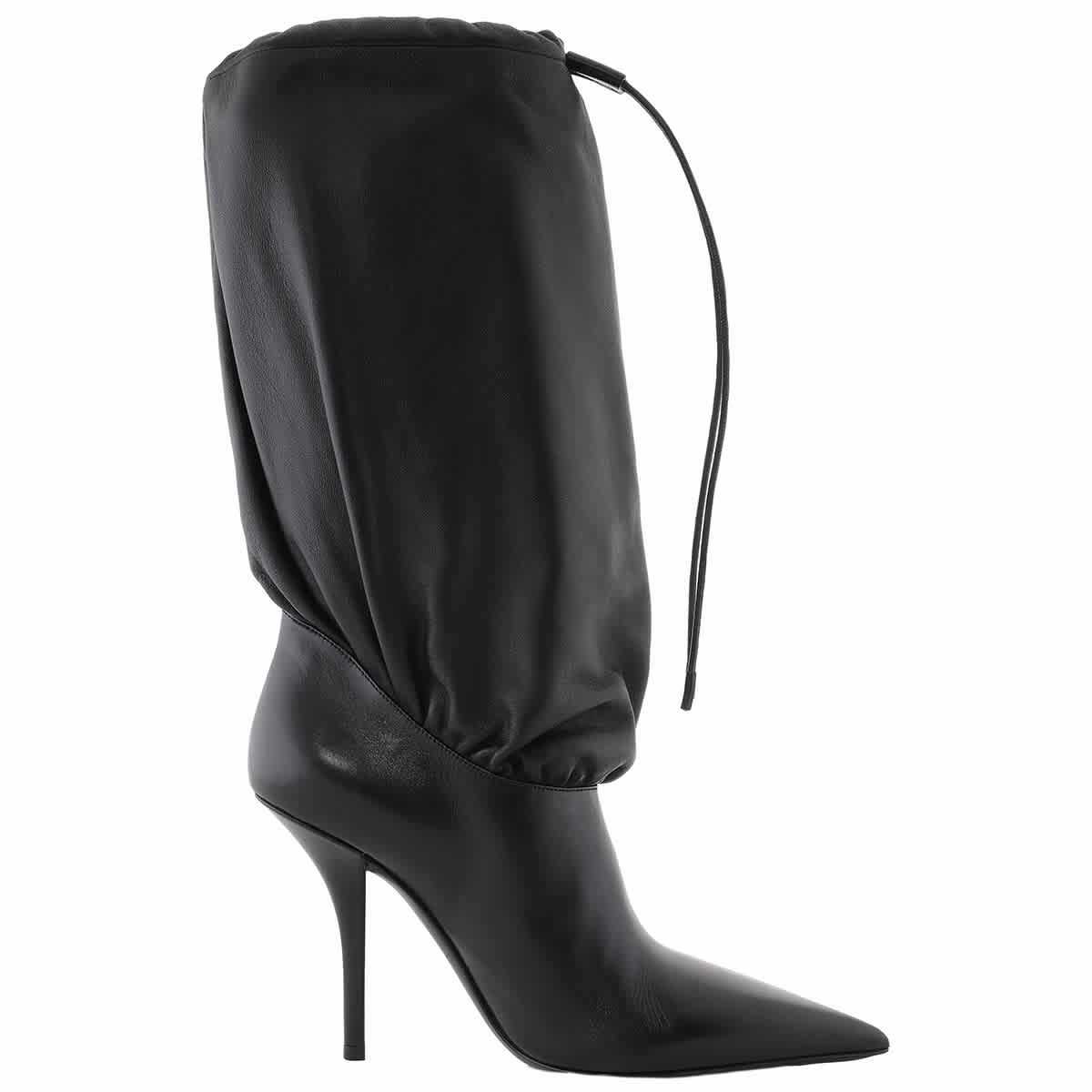 Burberry Ladies Pointed Leather Drawcord Boots In Black Discount Stylish Womens Boots