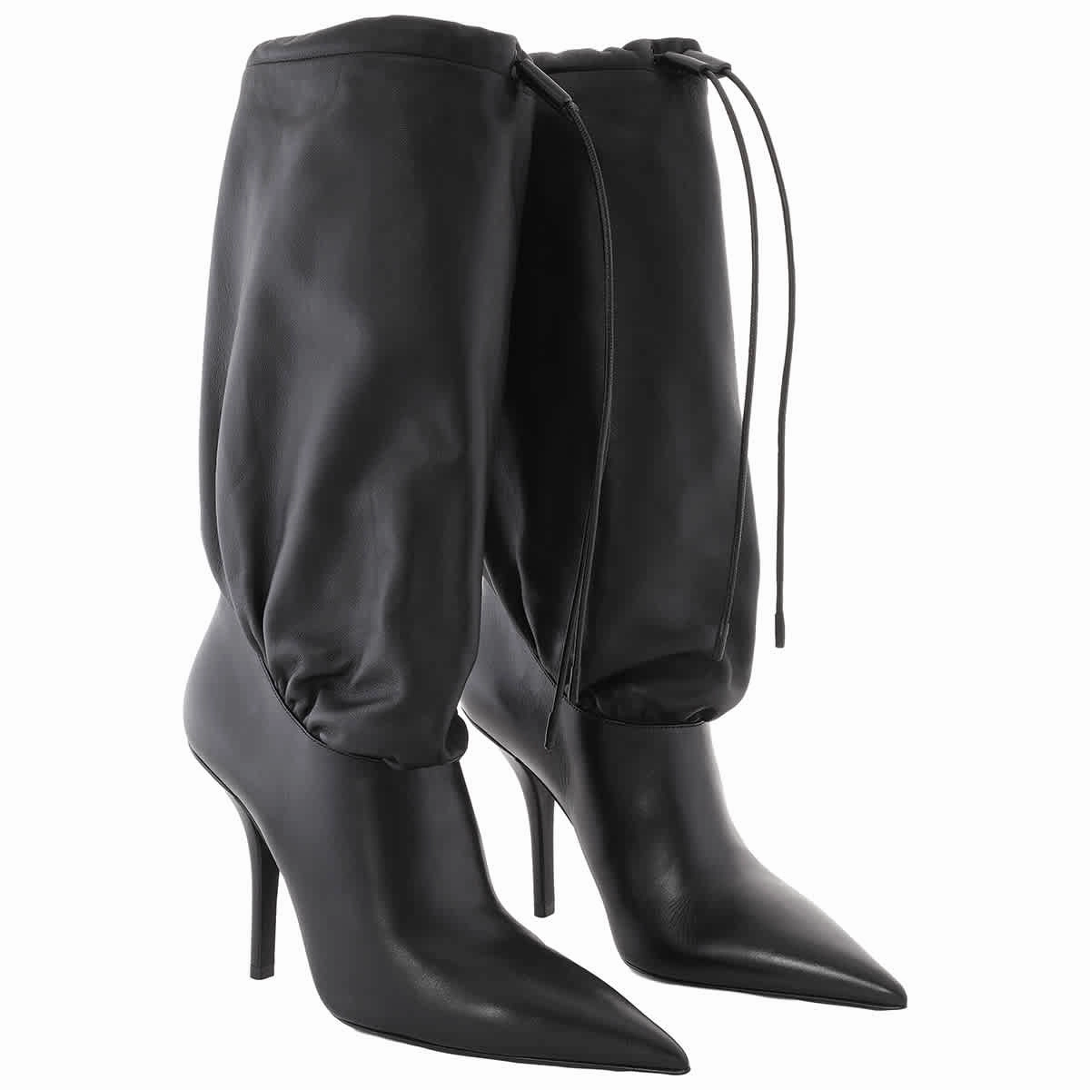 Burberry Ladies Pointed Leather Drawcord Boots In Black