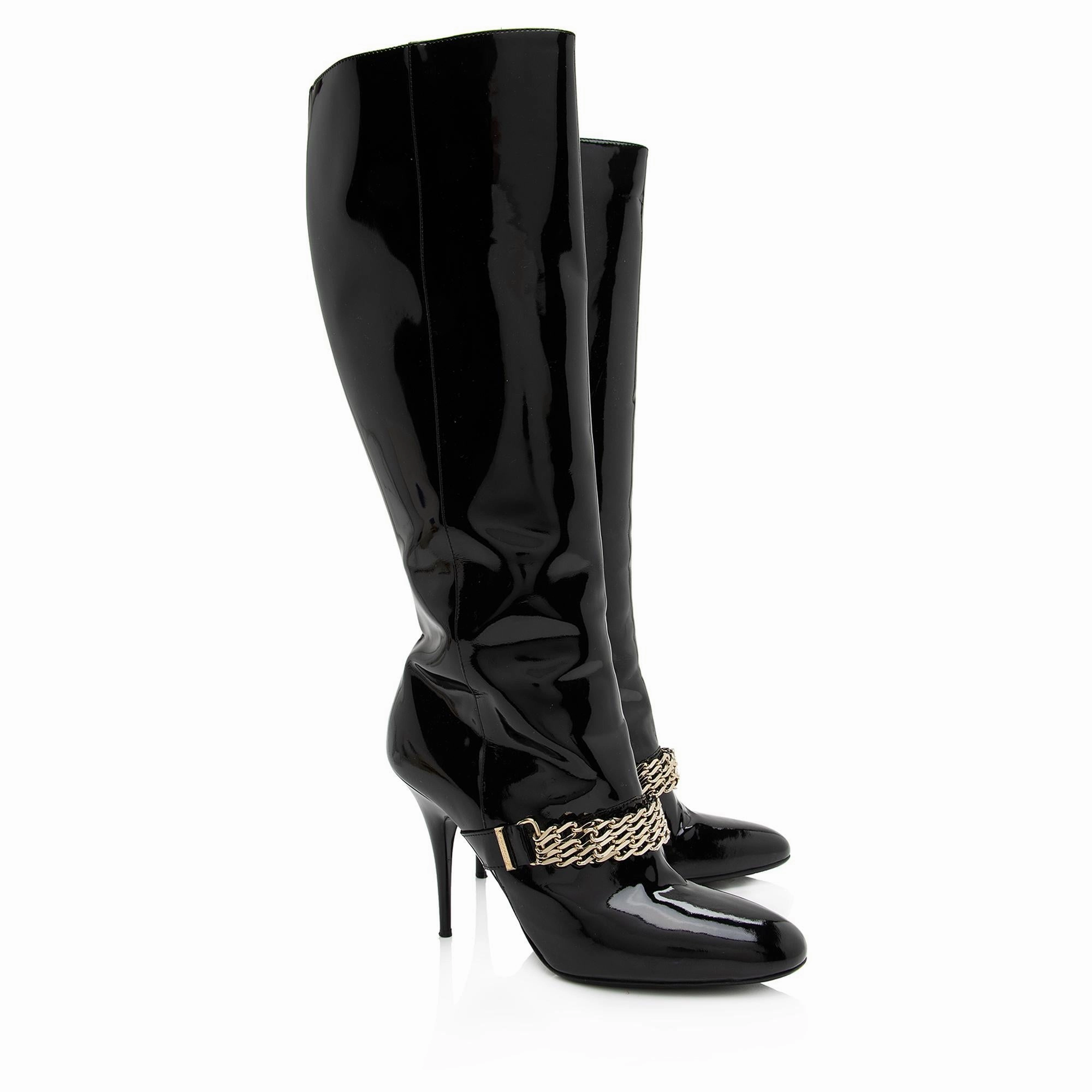 Burberry Patent Leather Chain Knee High Boots