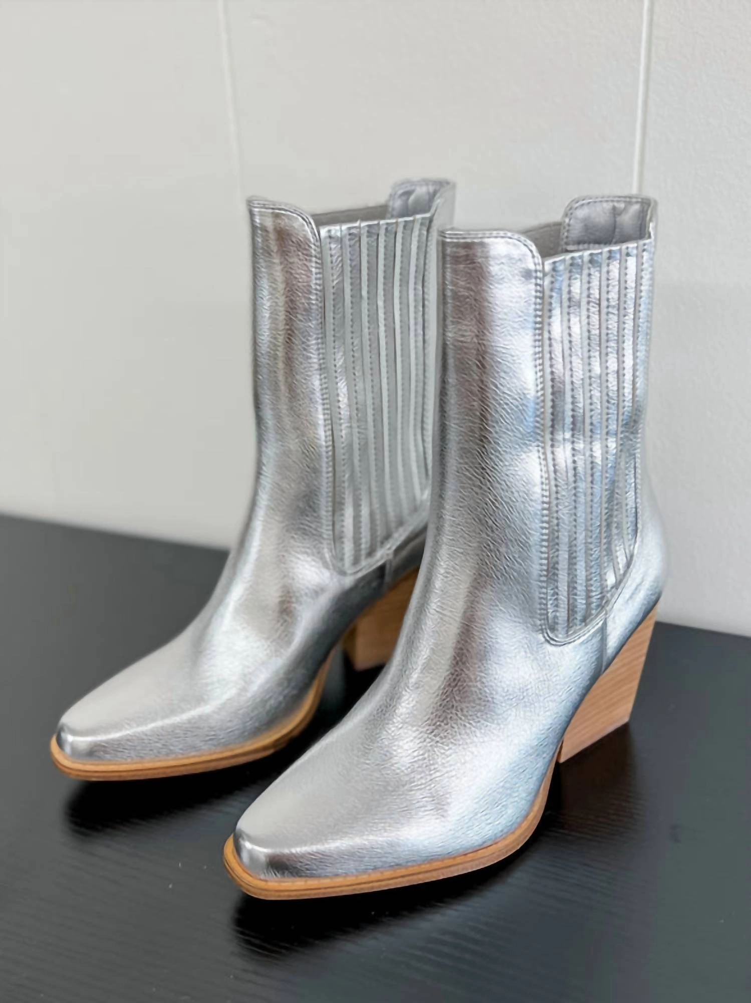 Cali Metallic Block Heel Boots In Silver