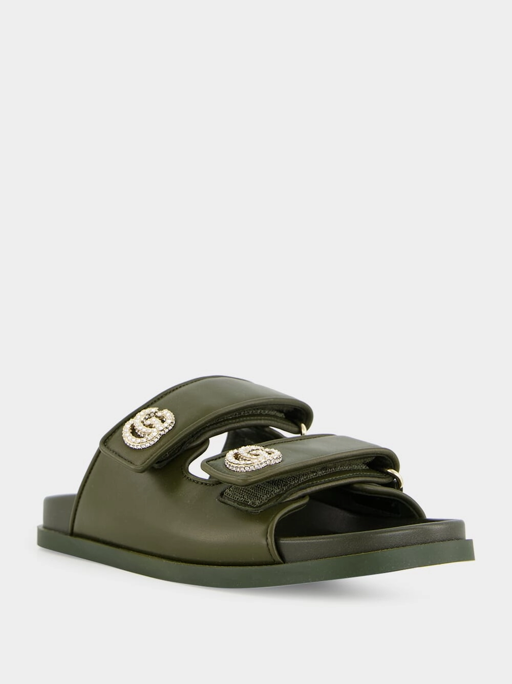 Dark Green Leather Sandals with Crystals