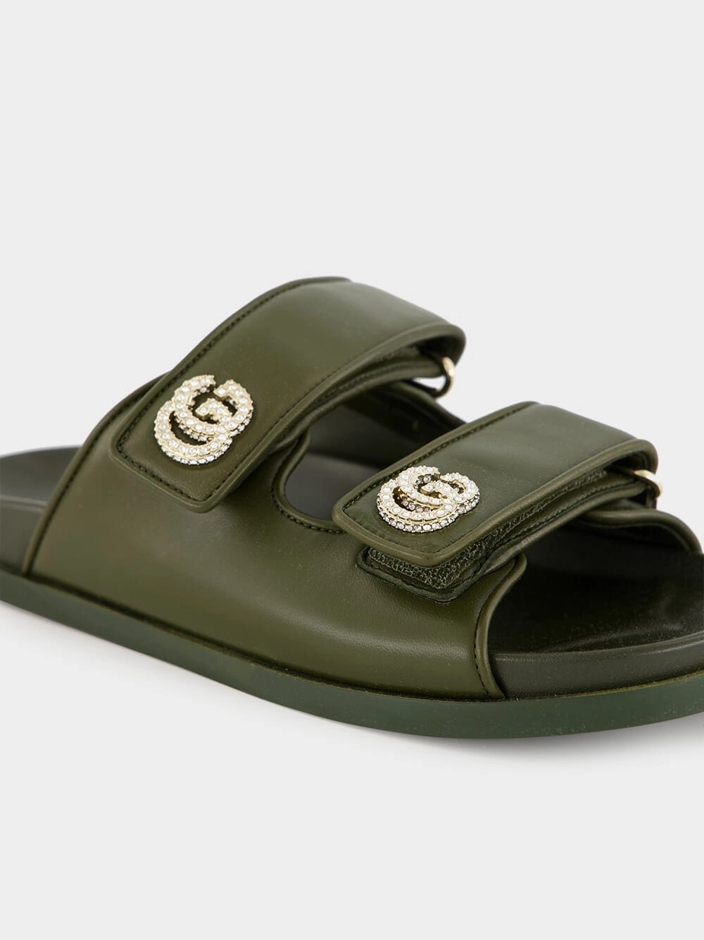 Dark Green Leather Sandals with Crystals