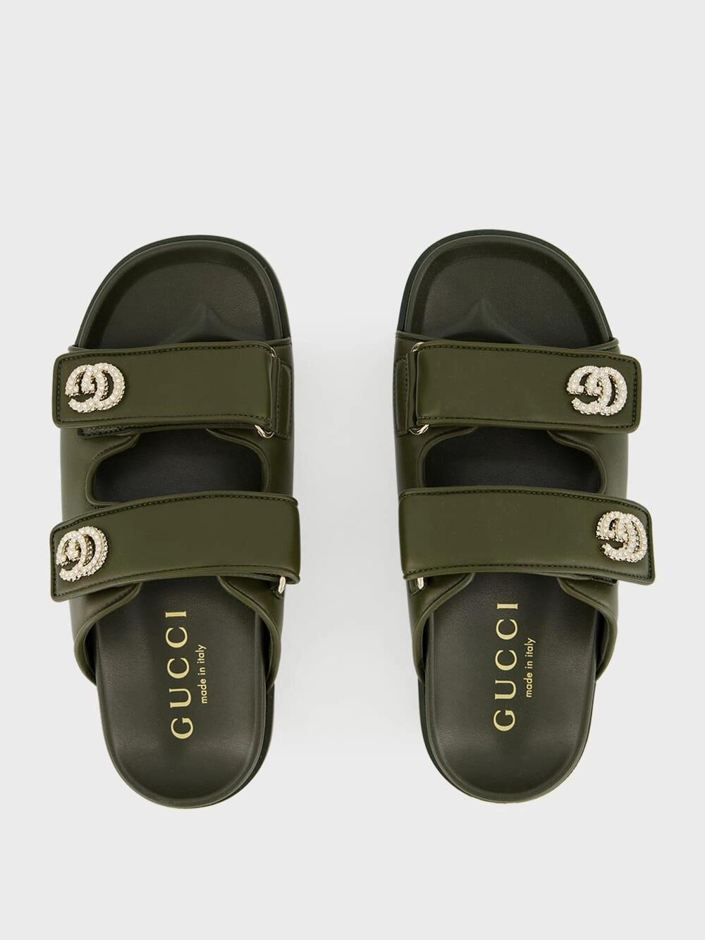 Dark Green Leather Sandals with Crystals