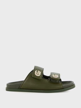 Dark Green Leather Sandals with Crystals Womens Sandals mega clearance