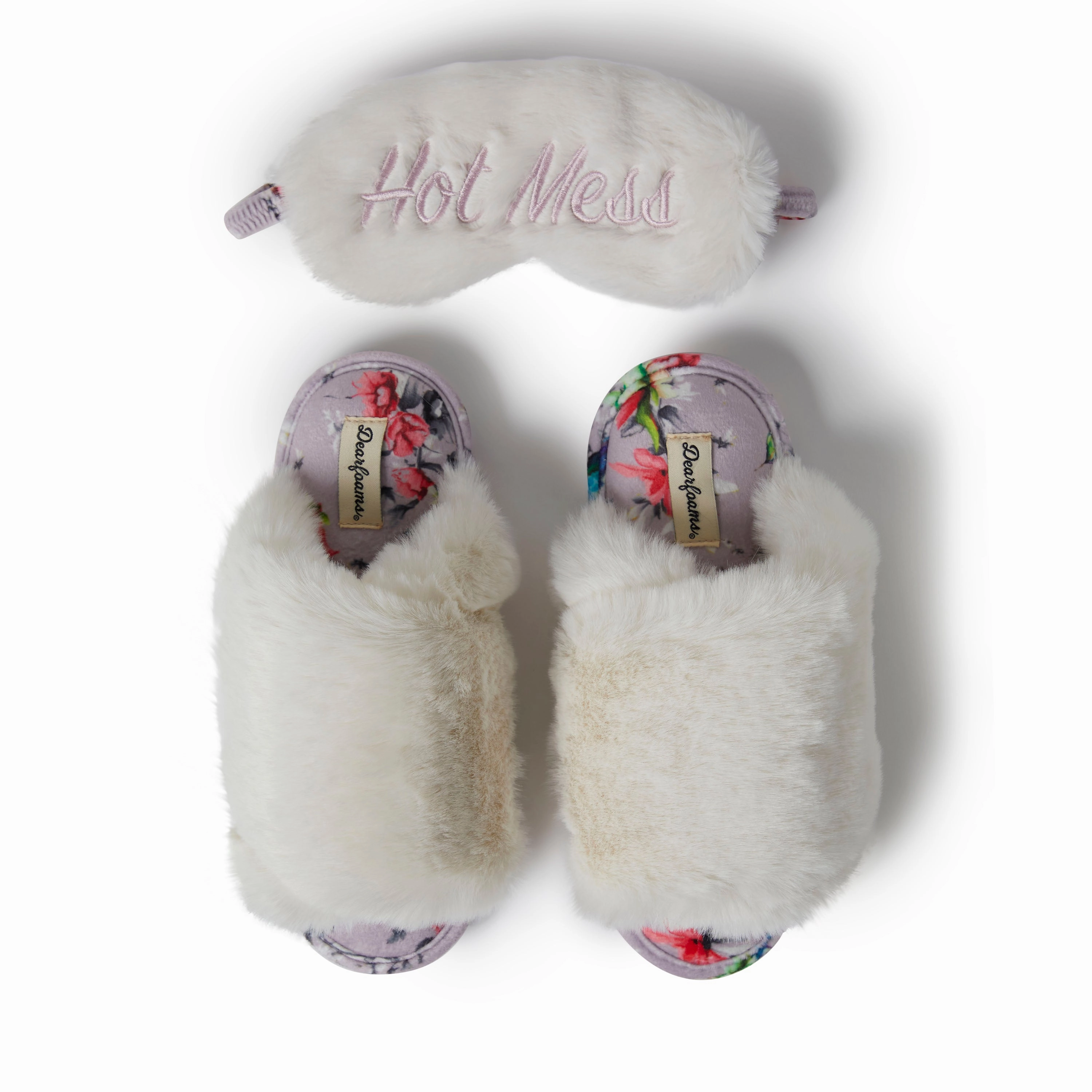 Dearfoams Womens Louise Furry Cross Band Slide with Eyemask