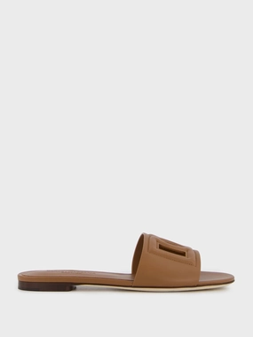 DG Logo Brown Calfskin Sliders Womens Sandals mega clearance