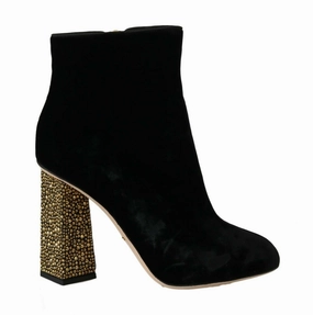 Dolce & Gabbana Elegant Velvet Ankle Boots with Crystal Women's Heels Promo on Womens Fashionable Boots