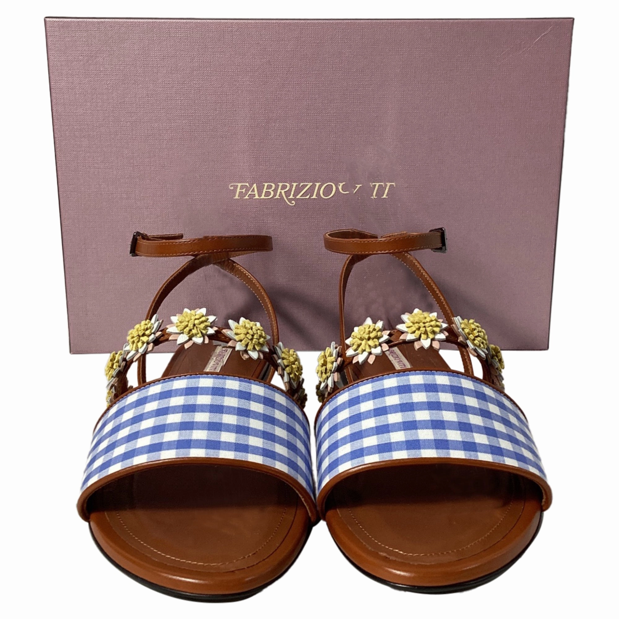 Fabrizio Viti Bea Floral-Appliqu Gingham Sandals in Blue Leather