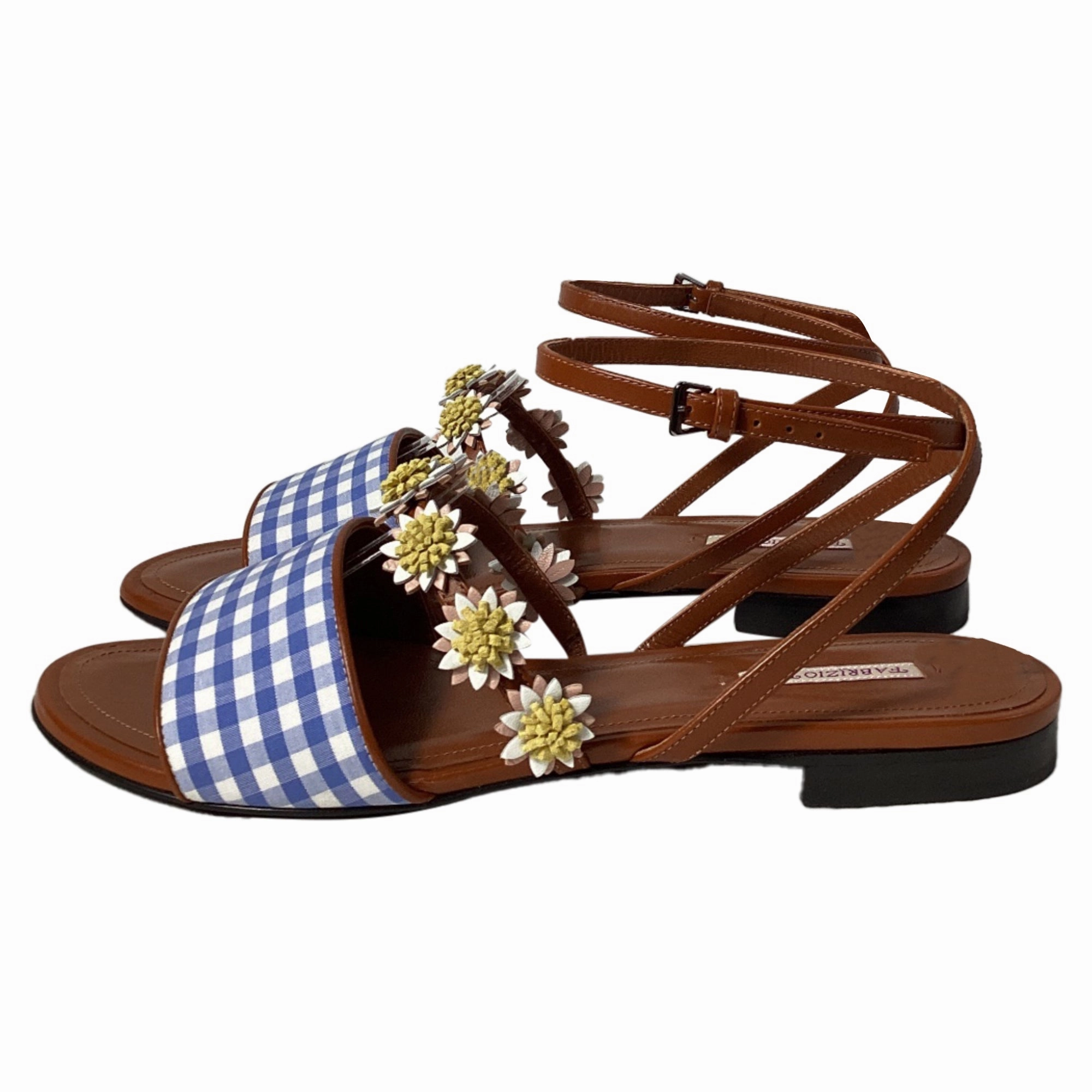 Fabrizio Viti Bea Floral-Appliqu Gingham Sandals in Blue Leather