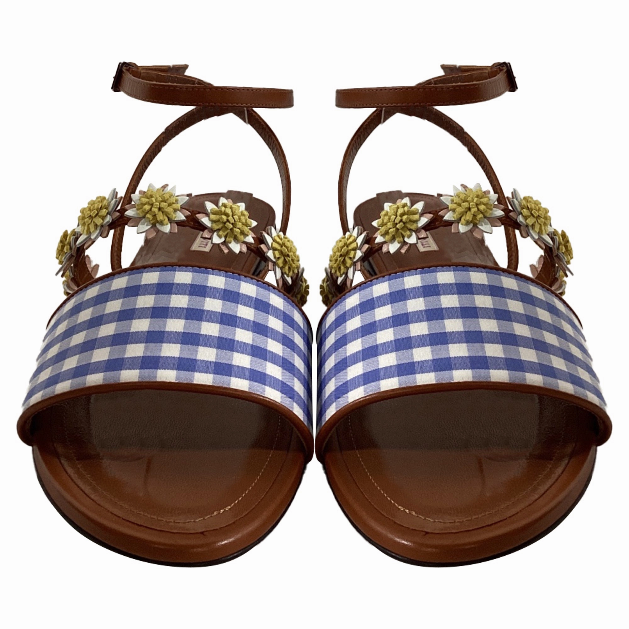 Fabrizio Viti Bea Floral-Appliqu Gingham Sandals in Blue Leather