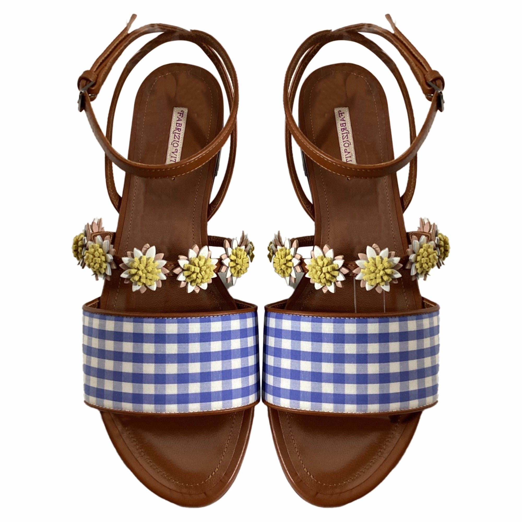 Fabrizio Viti Bea Floral-Appliqu Gingham Sandals in Blue Leather