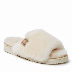 Fireside by Dearfoams Women's Cairns Genuine Shearling Slide with Metallic Trim Cozy Womens Slippers discount