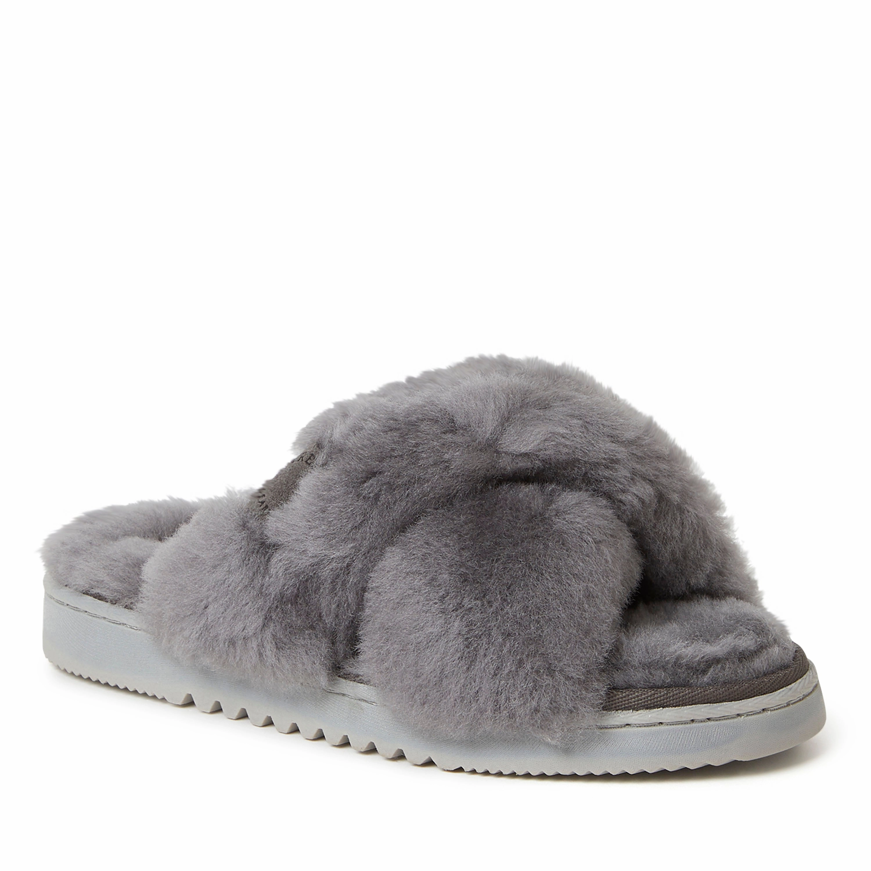 Fireside By Dearfoams Women's New Castle Genuine Shearling Cross Band Slide