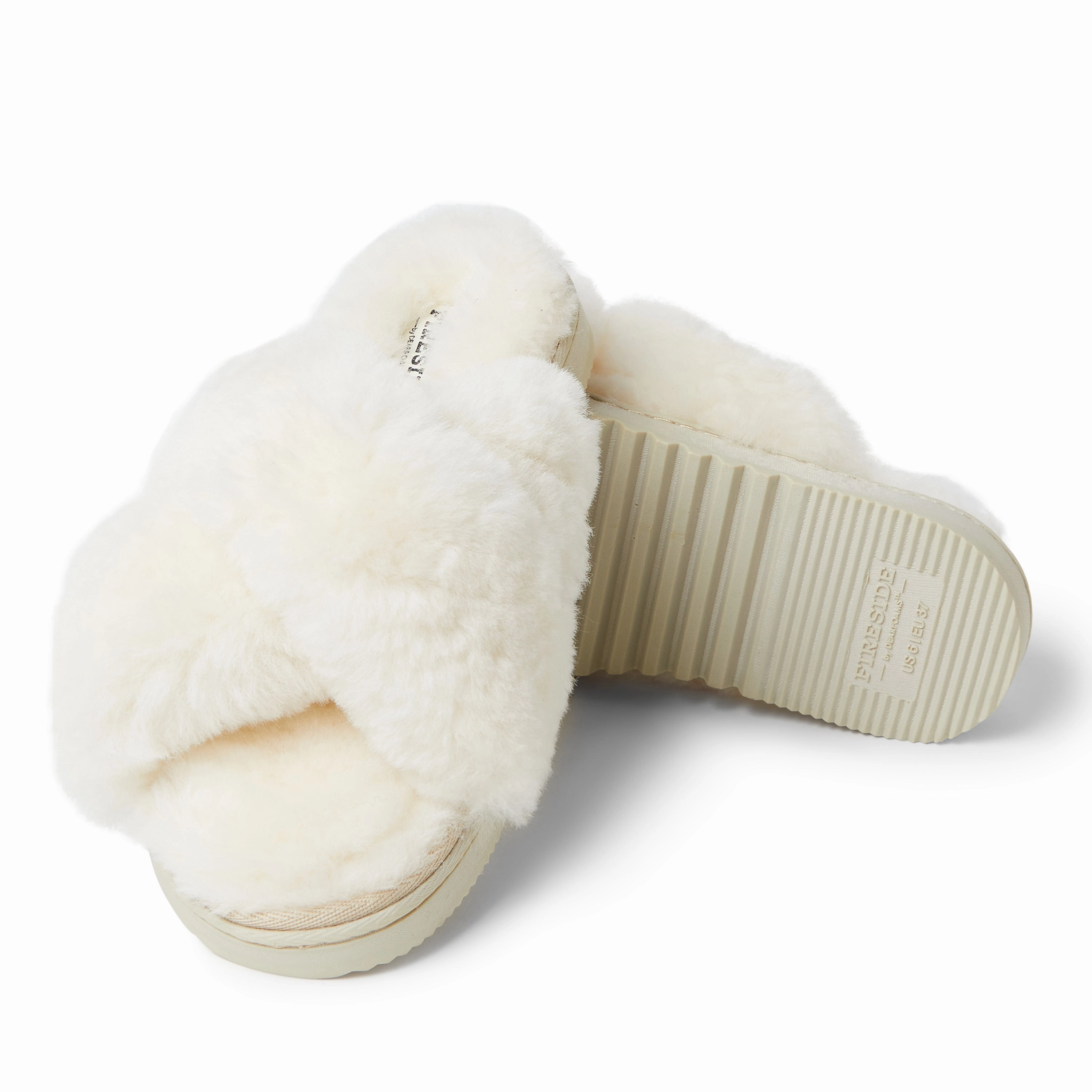 Fireside By Dearfoams Women's New Castle Genuine Shearling Cross Band Slide