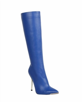 Hale Faux Leather Pointed Heel Calf Boots In Blue Comfortable Womens Boots low price