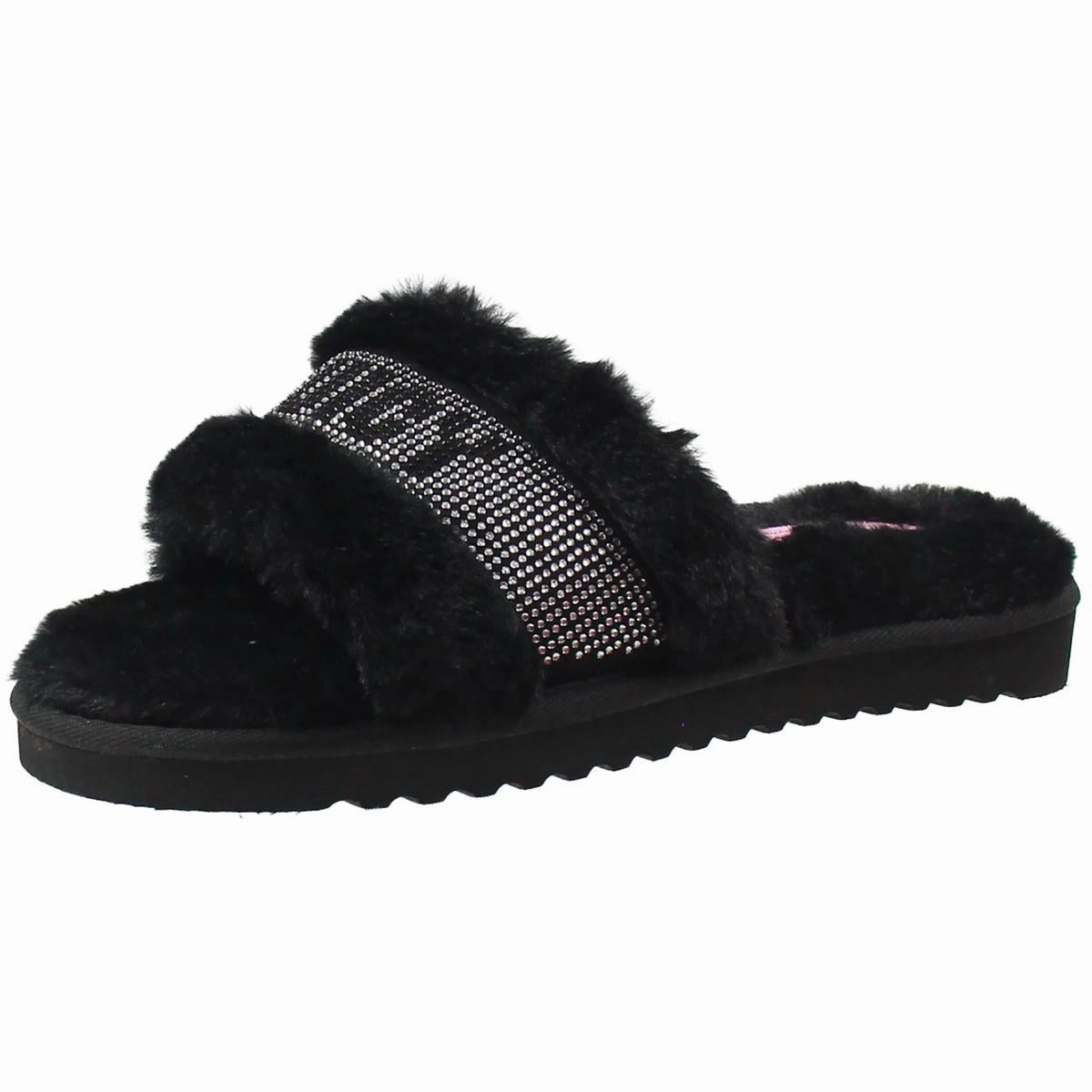 halo Womens Embellished Faux Fur Slide Slippers