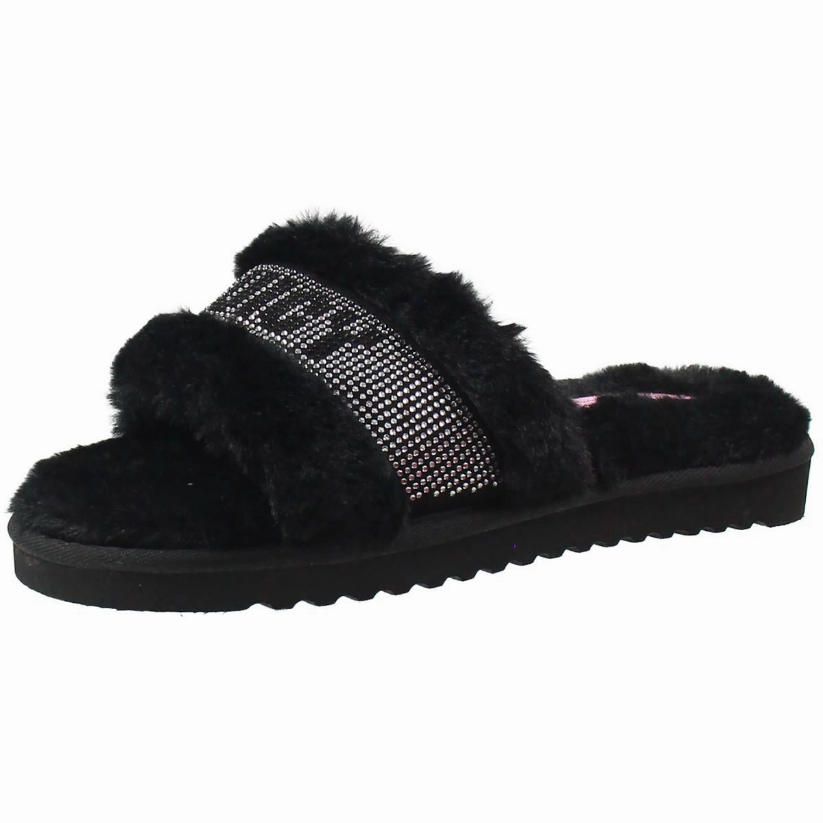 halo Womens Embellished Faux Fur Slide Slippers