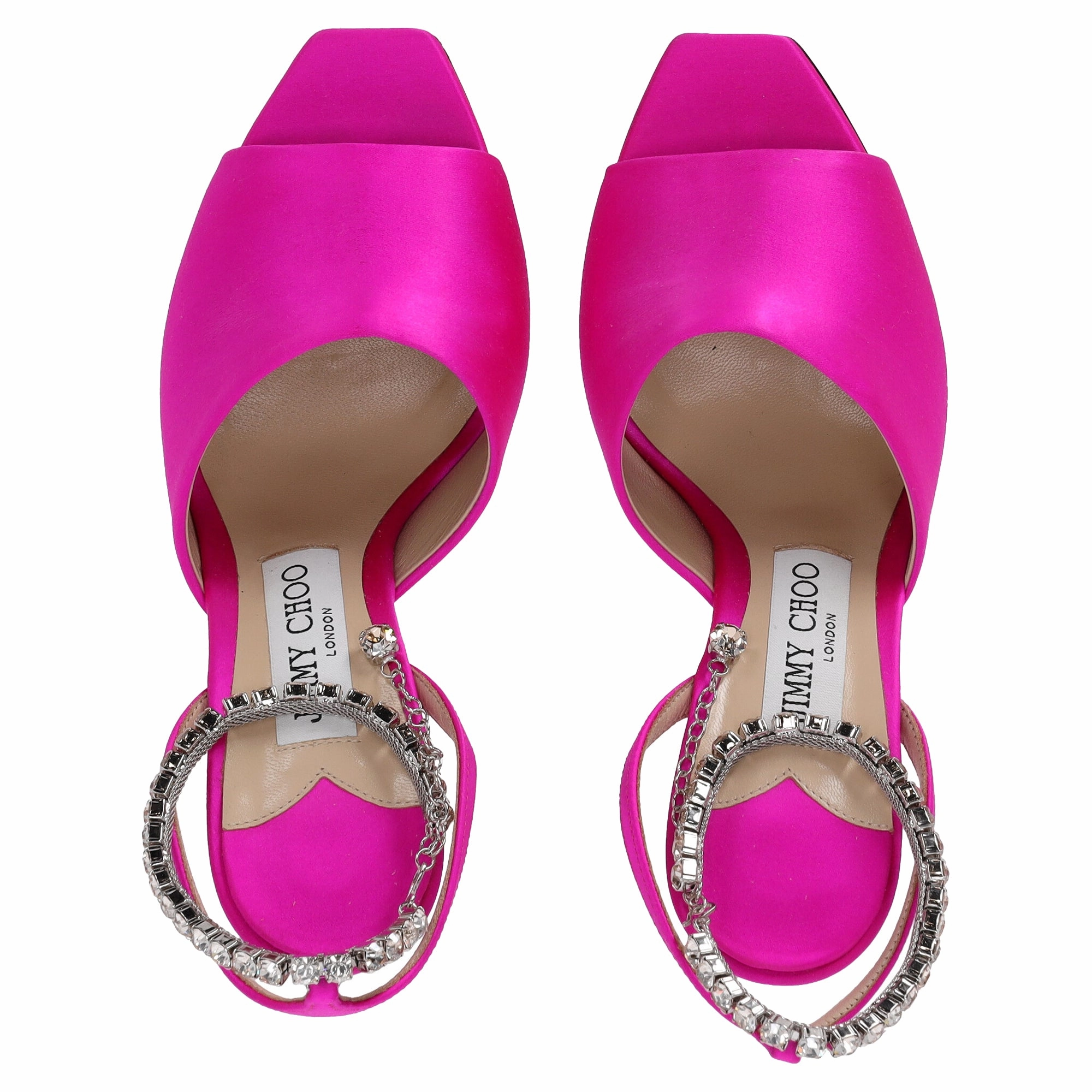 Jimmy Choo Saeda 90 Sandals with Crystal Chain Embellishment in Pink Satin