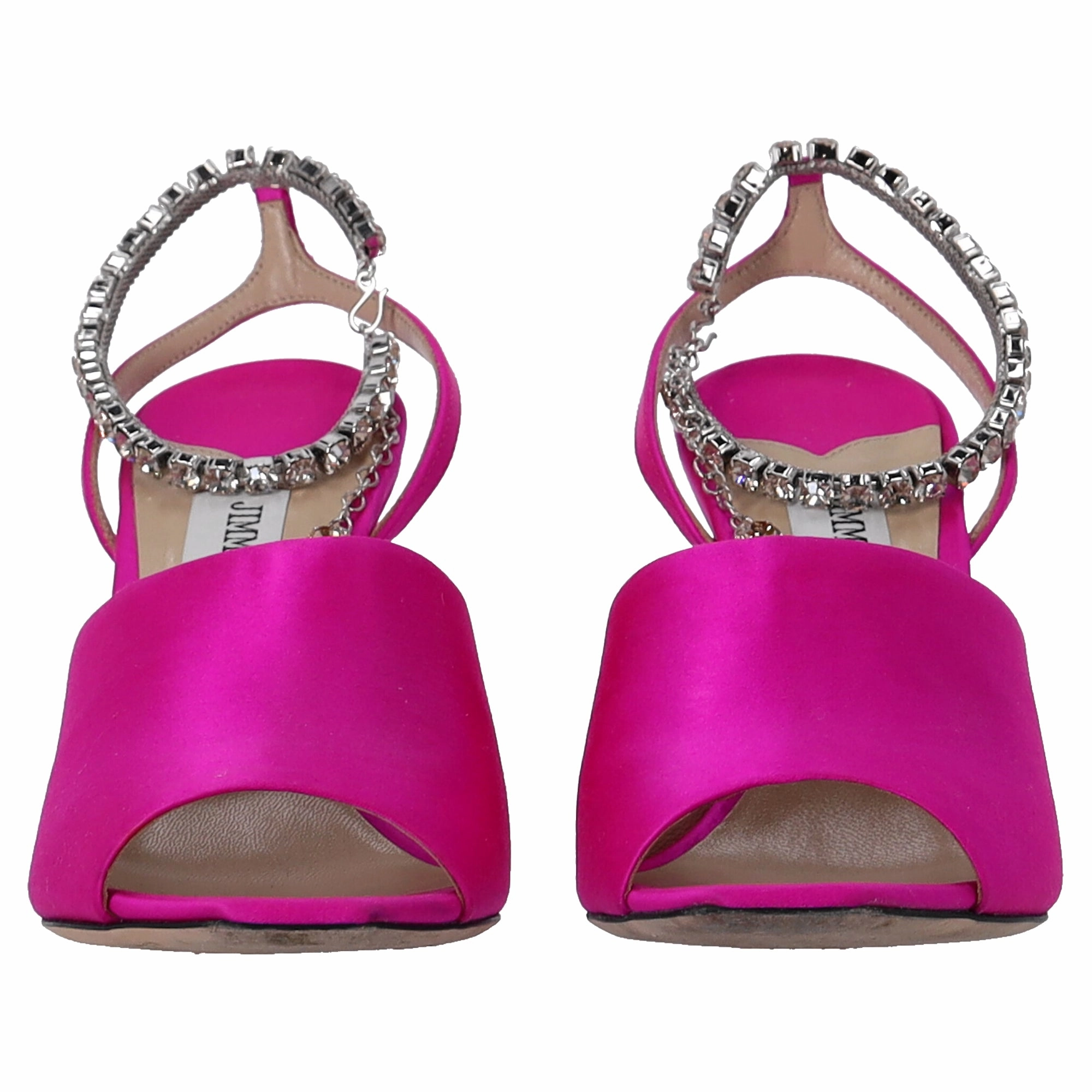 Jimmy Choo Saeda 90 Sandals with Crystal Chain Embellishment in Pink Satin