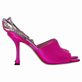 Jimmy Choo Saeda 90 Sandals with Crystal Chain Embellishment in Pink Satin Womens Boots clearance deals