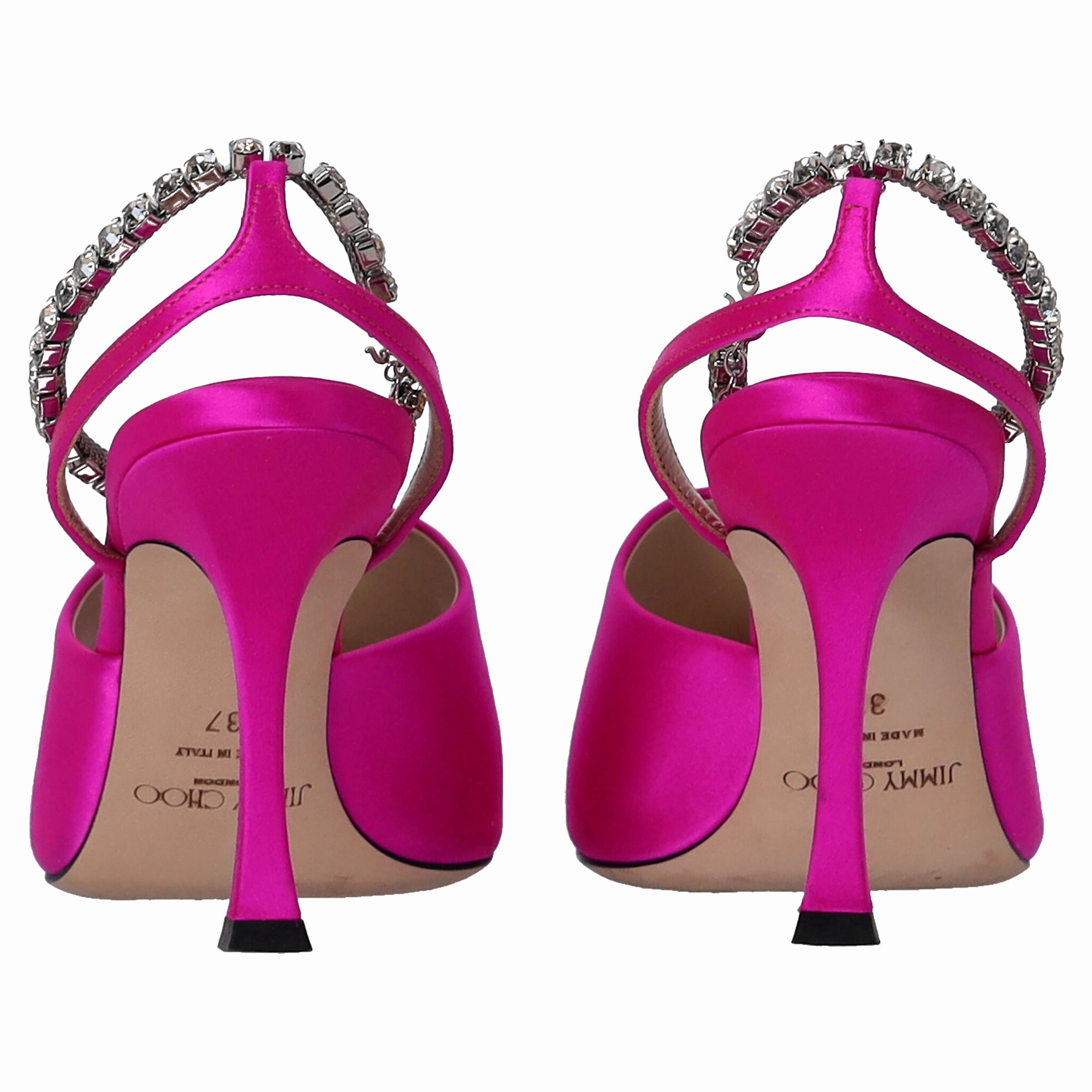 Jimmy Choo Saeda 90 Sandals with Crystal Chain Embellishment in Pink Satin
