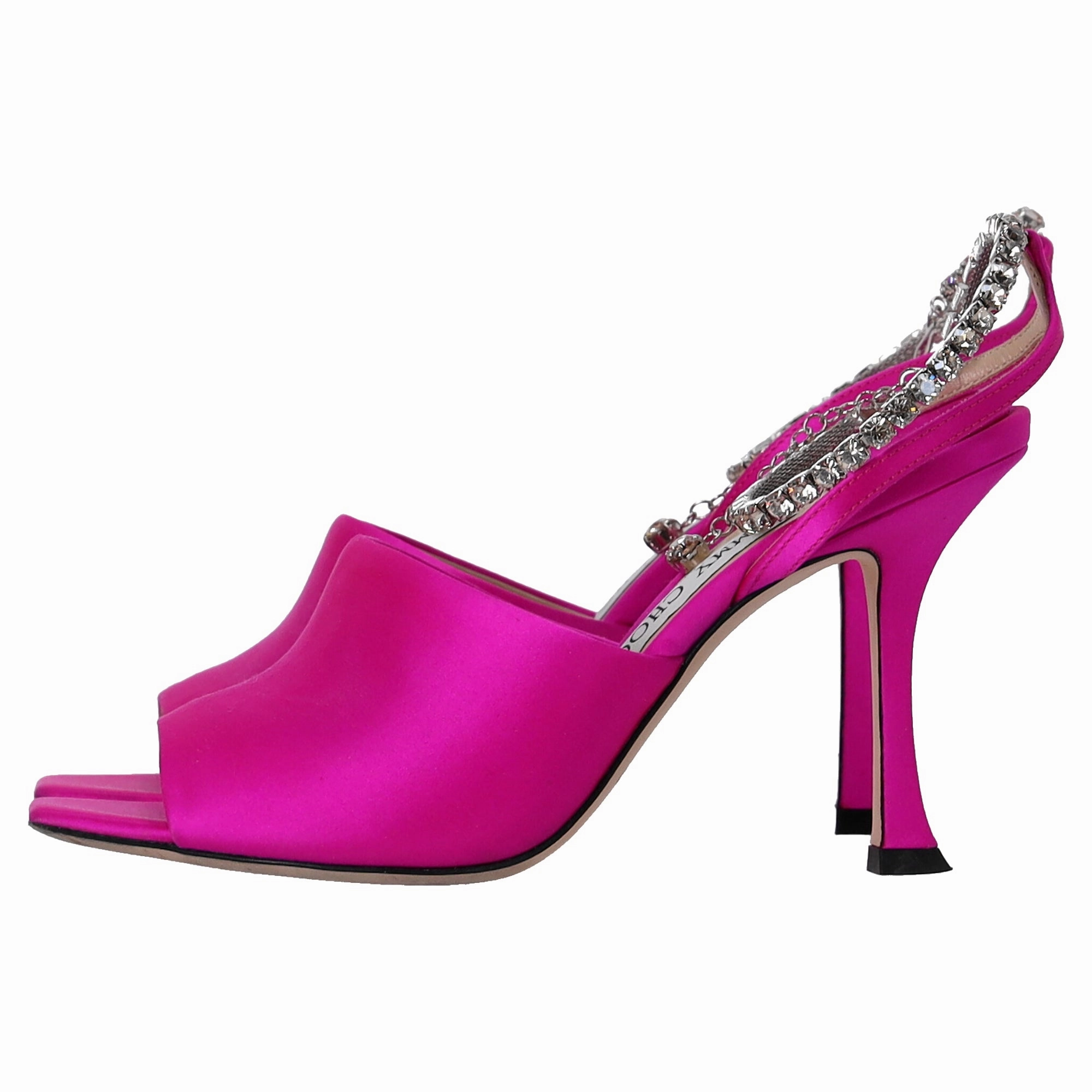 Jimmy Choo Saeda 90 Sandals with Crystal Chain Embellishment in Pink Satin