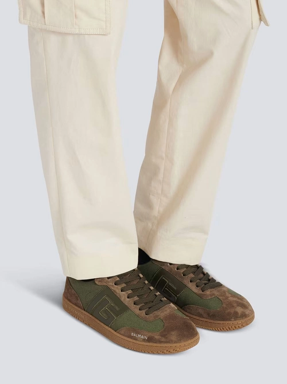 Khaki Swan Leather and Canvas Trainers