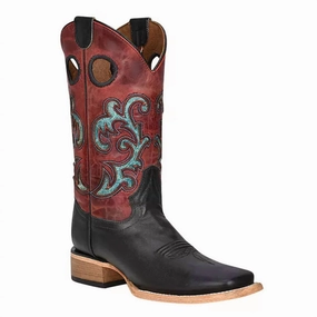 Ladies Shaft And Turquoise Inlay Square Toe Cowboy Boot In Black/red Affordable Womens Boots online