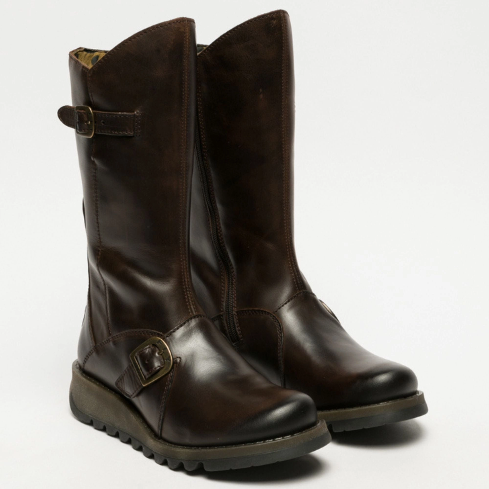 MES2913 - Women's Wedge Heel Buckle Mid Calf Leather Boots
