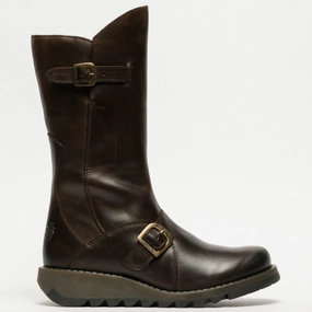 MES2913 - Women's Wedge Heel Buckle Mid Calf Leather Boots Promo on Womens Fashionable Boots