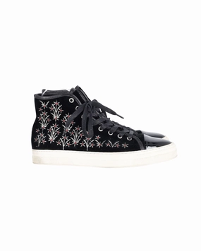 Mother Of Pearl Embroidered High Top Sneakers in Black Patent Leather and Suede Trendy Sneakers for Women