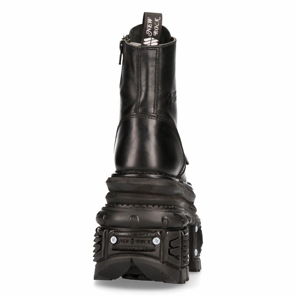 New Rock Metallic Black Leather Military Boots- MILI083CCT-C4
