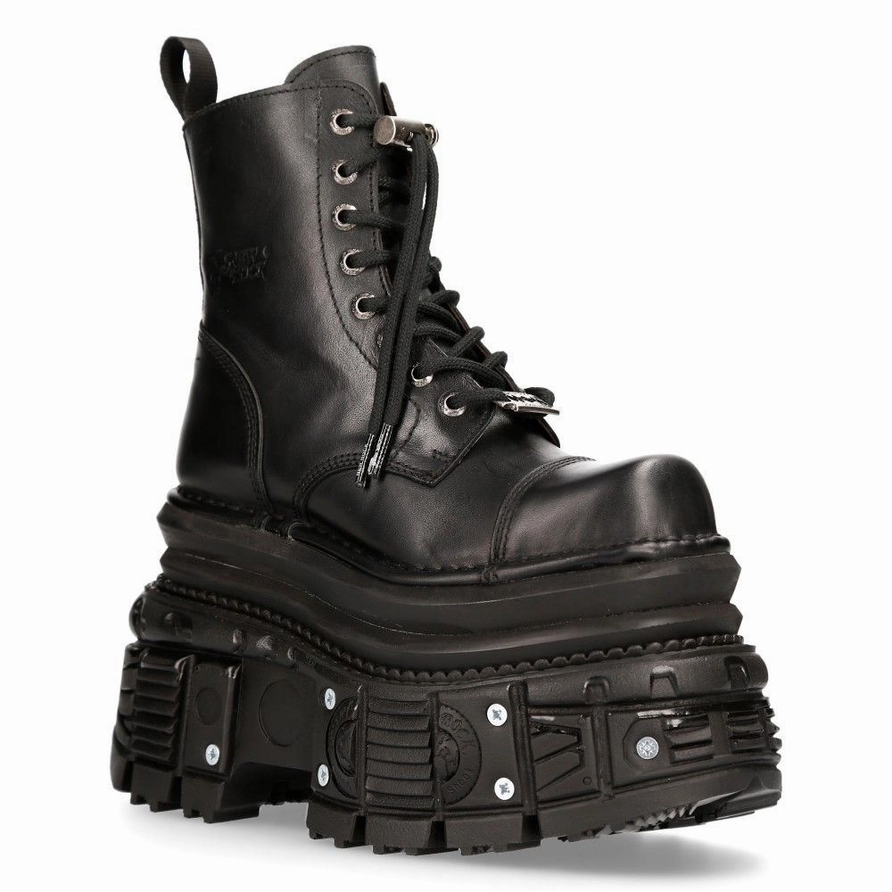 New Rock Metallic Black Leather Military Boots- MILI083CCT-C4 Womens Fashion Boots outlet store