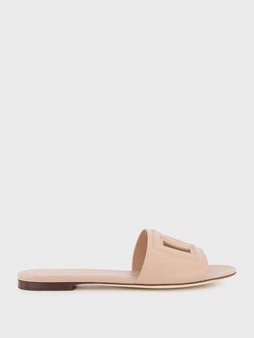 Pale Pink DG Logo Calfskin Flat Slides Womens Sandals mega clearance