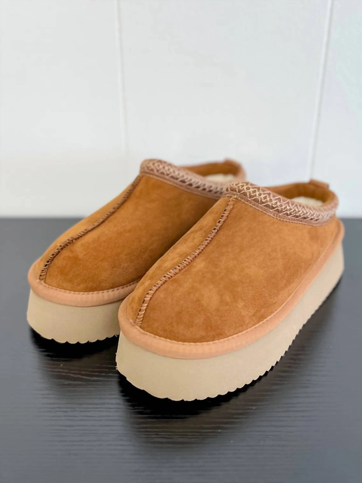 Pillow Talk Faux Suede Platform Slippers In Brown