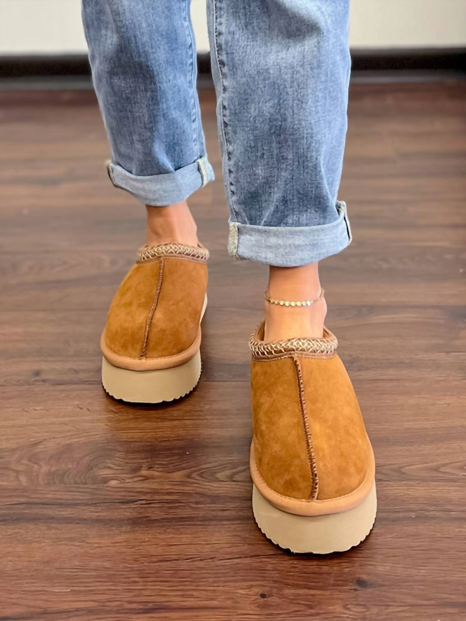 Pillow Talk Faux Suede Platform Slippers In Brown
