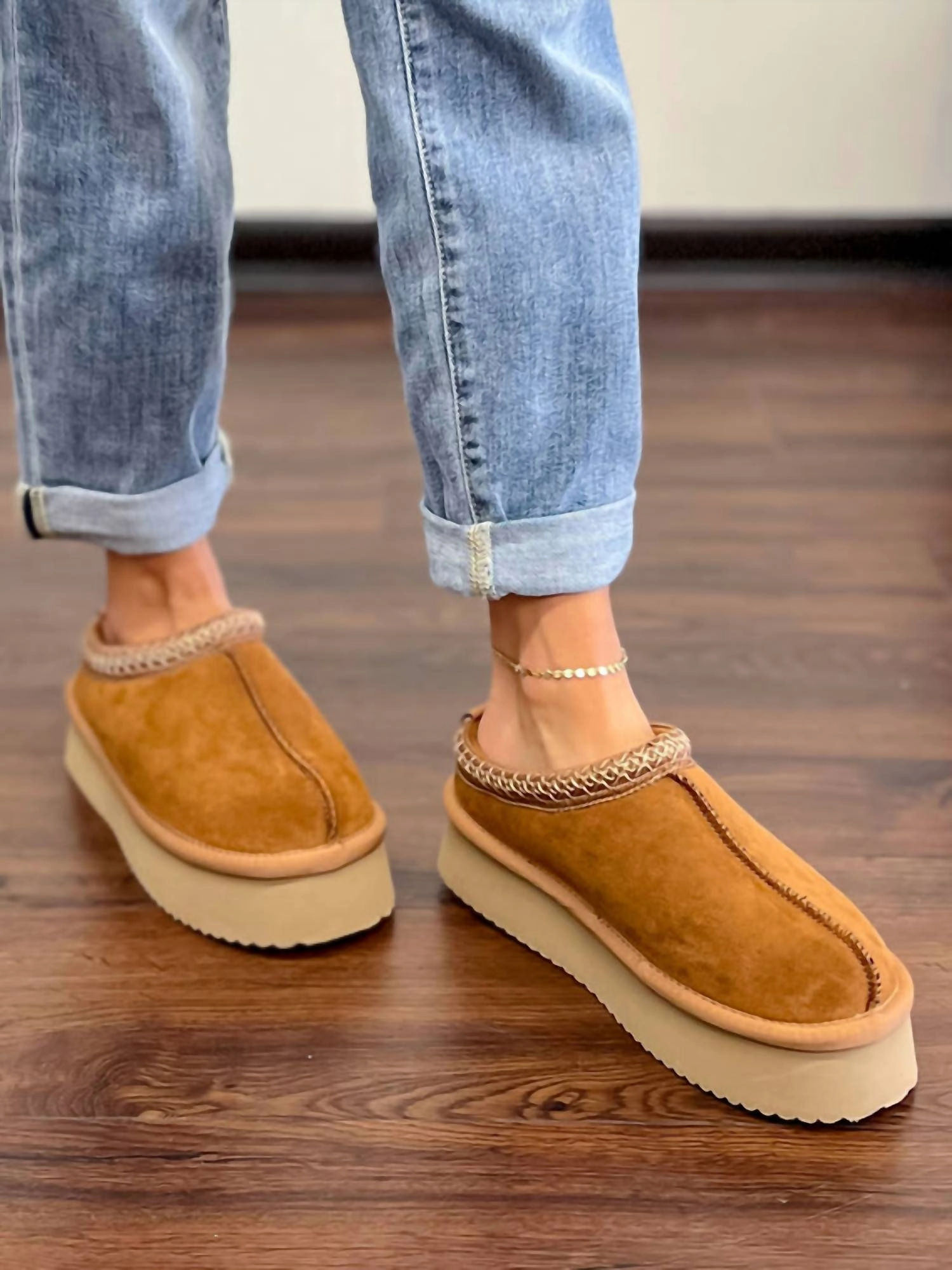 Pillow Talk Faux Suede Platform Slippers In Brown